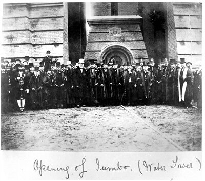 A crowd poses for a photo at Jumbo's opening in 1883